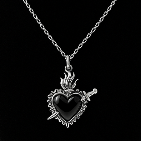 Silver Adorned Flaming Black Heart Charm Necklace | Shop Nory
