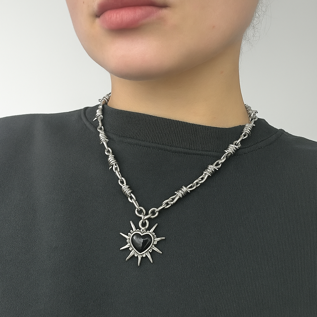 Silver Gothic Barbed Wire Black Sacred Heart Necklace | Shop Nory