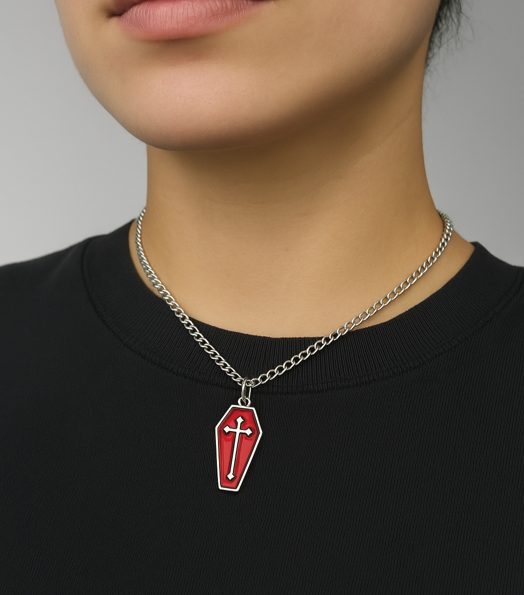 Silver Gothic Red Coffin Charm Necklace | Shop Nory