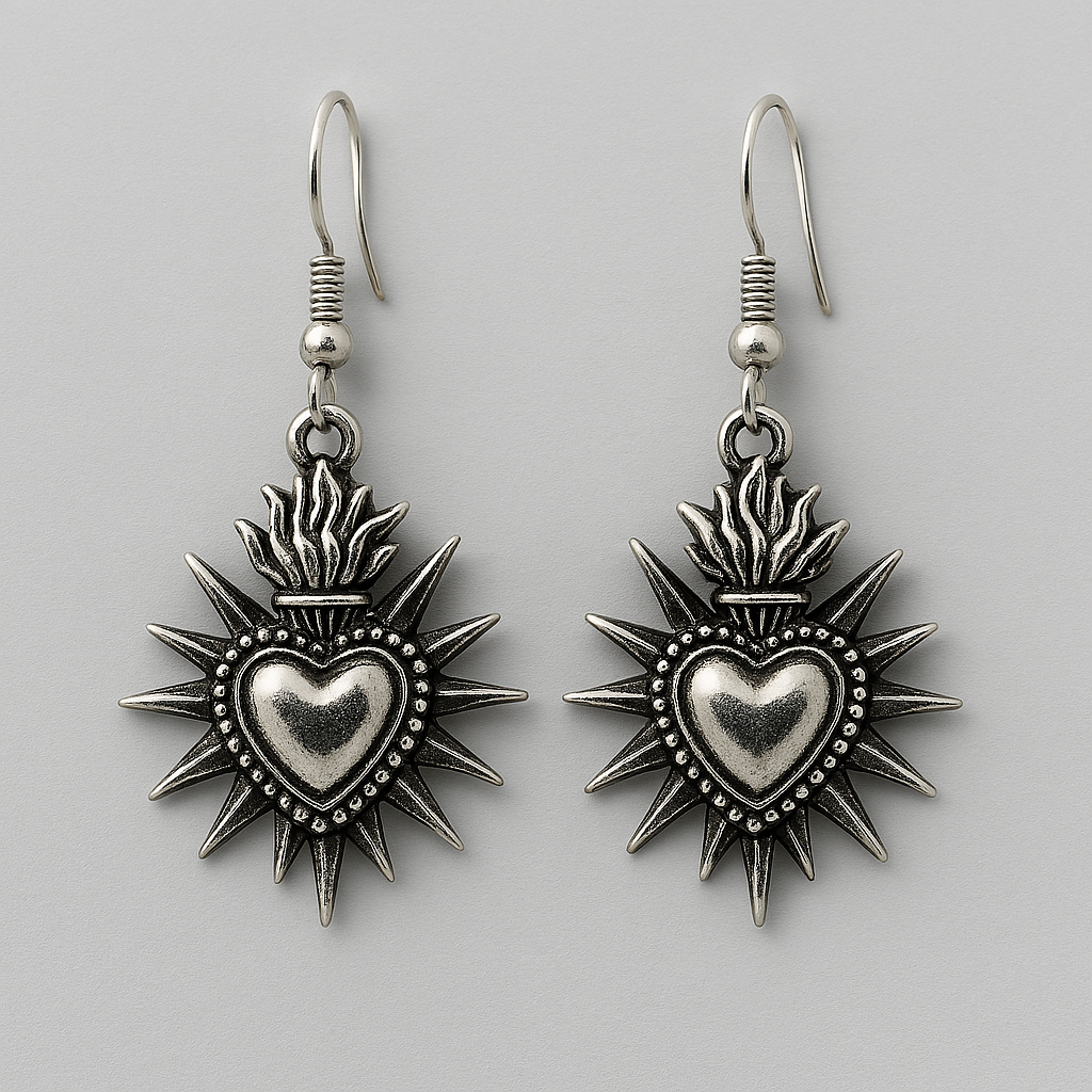 Silber Heiliges Flammendes Herz Charme Ohrringe | Shop Nory