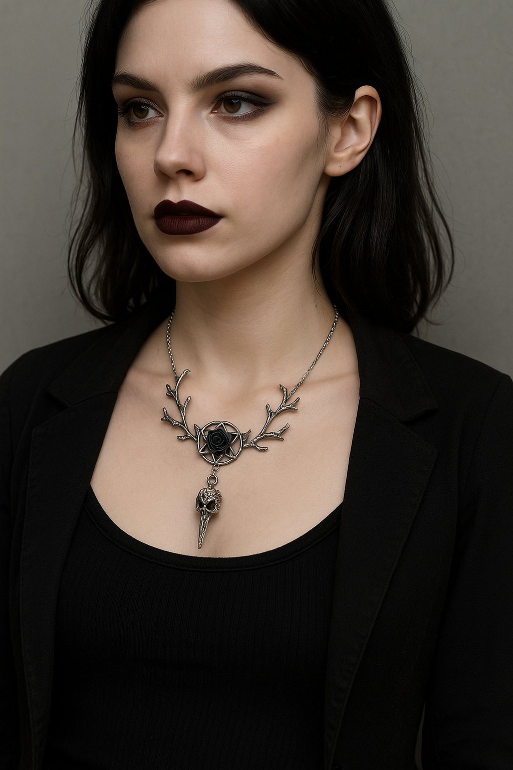 Black Rose Branches Raven Skull Silver Necklace | Shop Nory