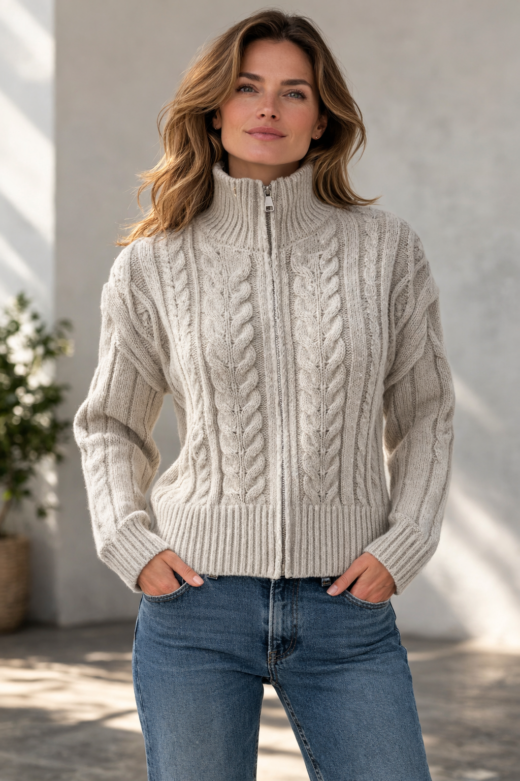 Strickjacke Damen mit Reißverschluss und hohem Kragen – Rippstrick Cardigan