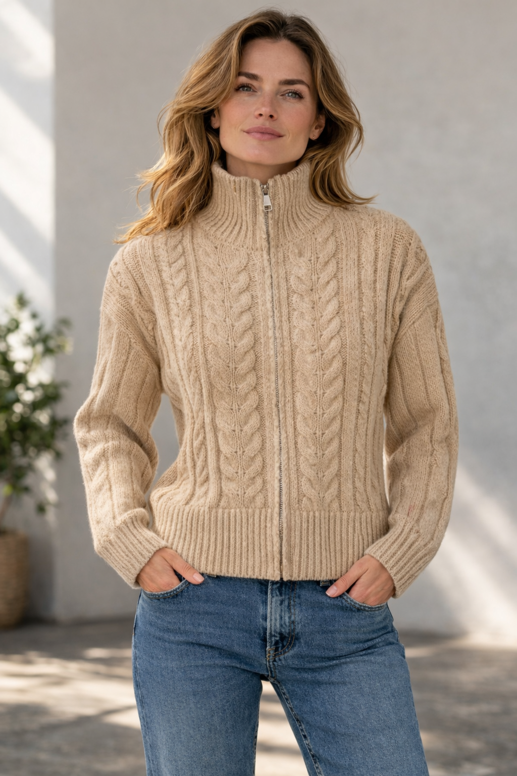 Strickjacke Damen mit Reißverschluss und hohem Kragen – Rippstrick Cardigan