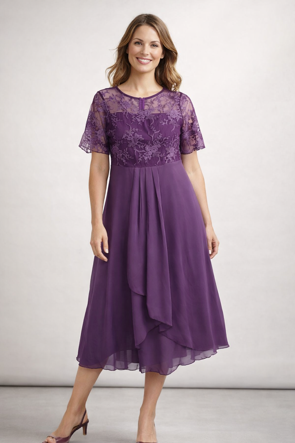 Damen Midikleid mit Spitze und Chiffon Kurzarm