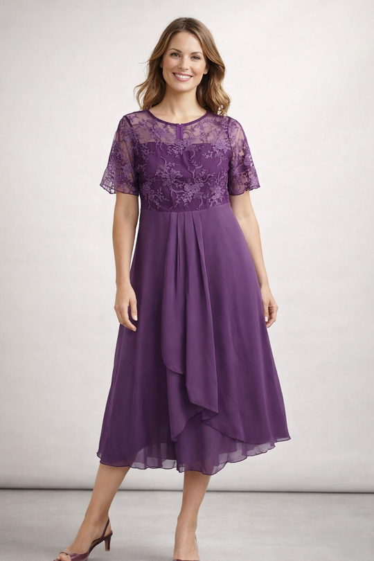 Damen Midikleid mit Spitze und Chiffon Kurzarm