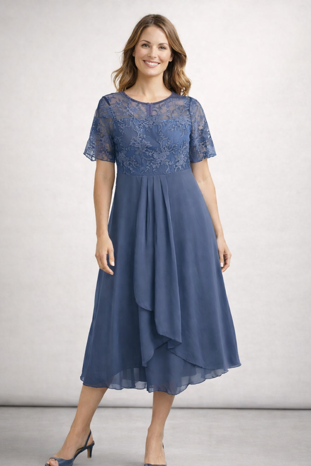 Damen Midikleid mit Spitze und Chiffon Kurzarm
