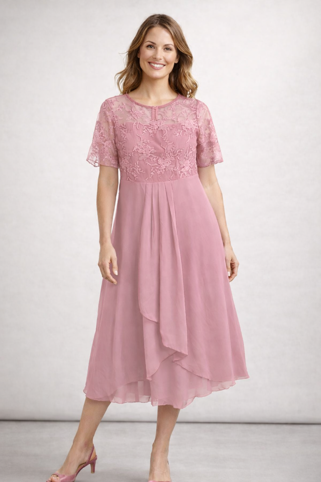 Damen Midikleid mit Spitze und Chiffon Kurzarm