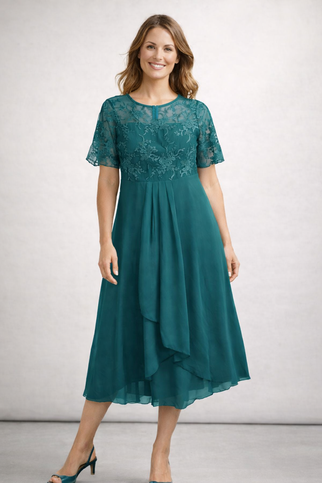 Damen Midikleid mit Spitze und Chiffon Kurzarm