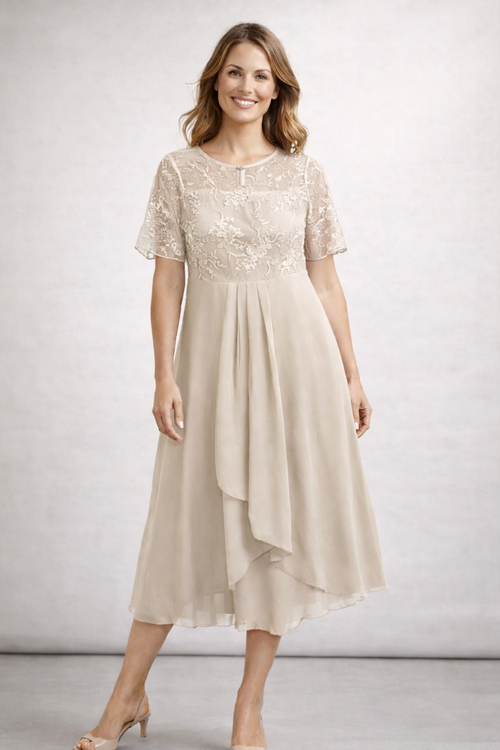 Damen Midikleid mit Spitze und Chiffon Kurzarm