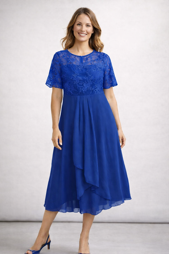 Damen Midikleid mit Spitze und Chiffon Kurzarm