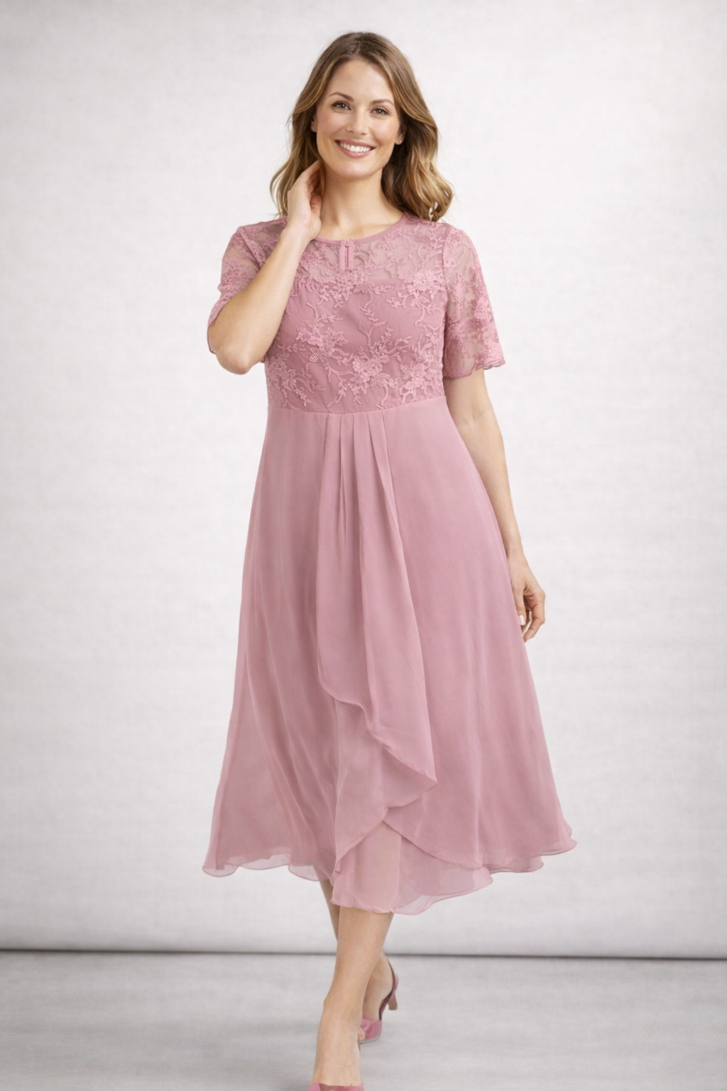 Damen Midikleid mit Spitze und Chiffon Kurzarm
