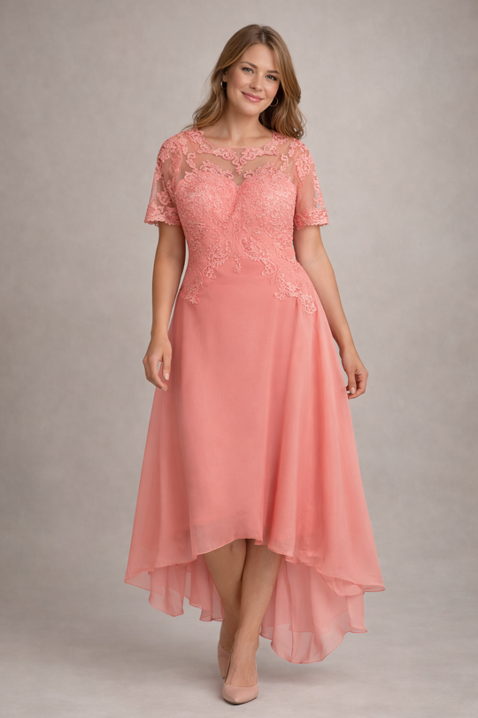 Damen Abendkleid mit Spitze und kurzen Ärmeln