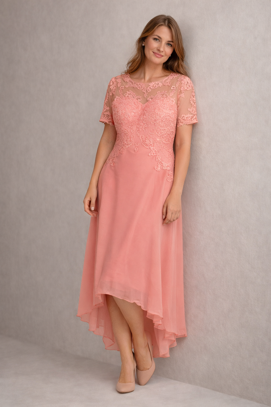 Damen Abendkleid mit Spitze und kurzen Ärmeln