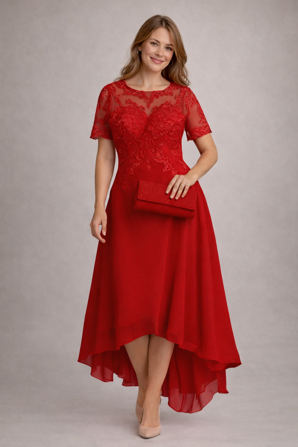 Damen Abendkleid mit Spitze und kurzen Ärmeln