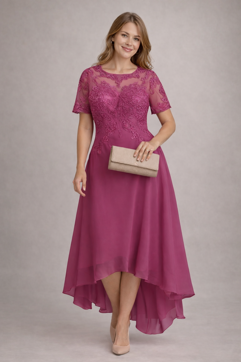 Damen Abendkleid mit Spitze und kurzen Ärmeln