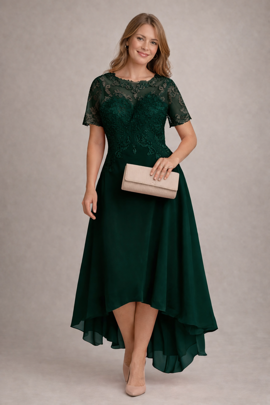 Damen Abendkleid mit Spitze und kurzen Ärmeln