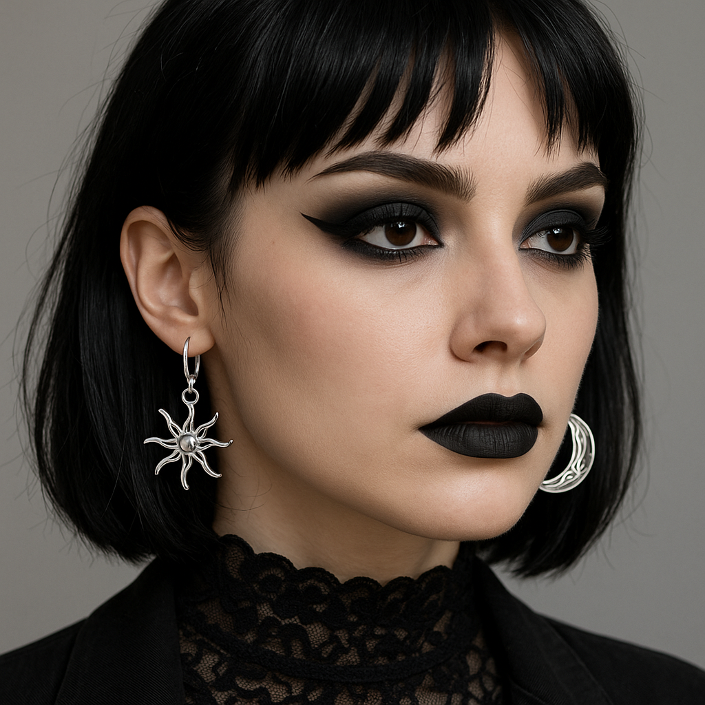 Silver Gothic Sun and Moon Dangle Hoop Charm Earring | Shop Nory