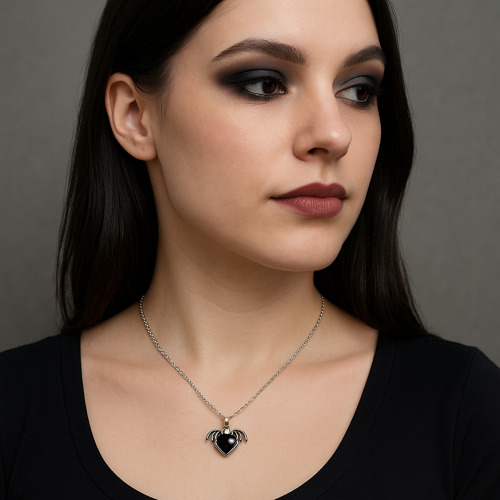 Silberne gotische Herz Flügel Stein Charme Halskette | Shop Nory