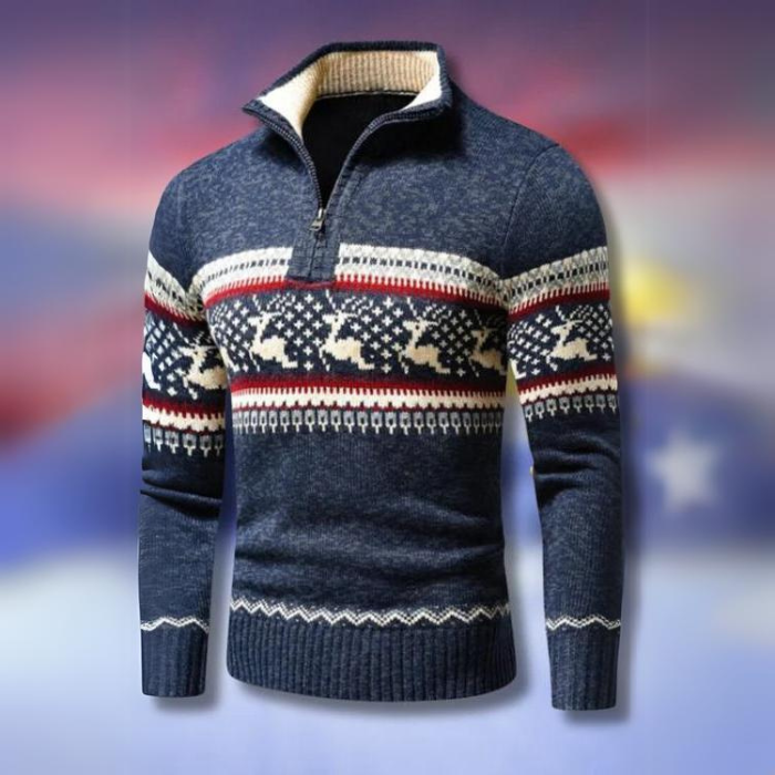 Winterpullover für Herren - warmer gestrickter Pullover mit halbem Reißverschluss & skandinavischem Rentiermuster