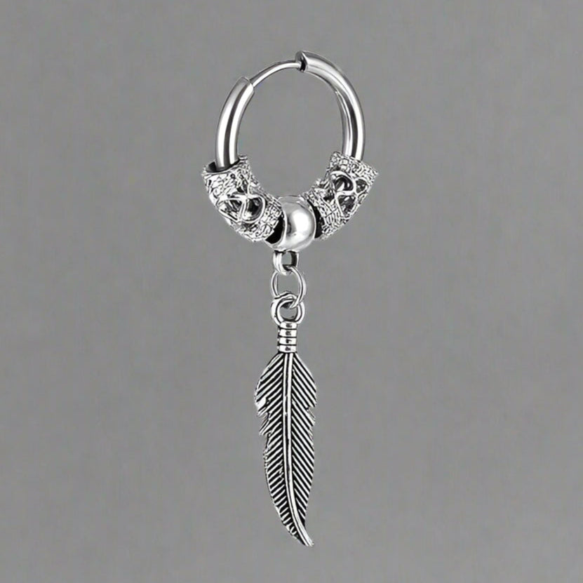 Silver Steam Punk Hoop Earrings with Feather Charm | Shop Nory