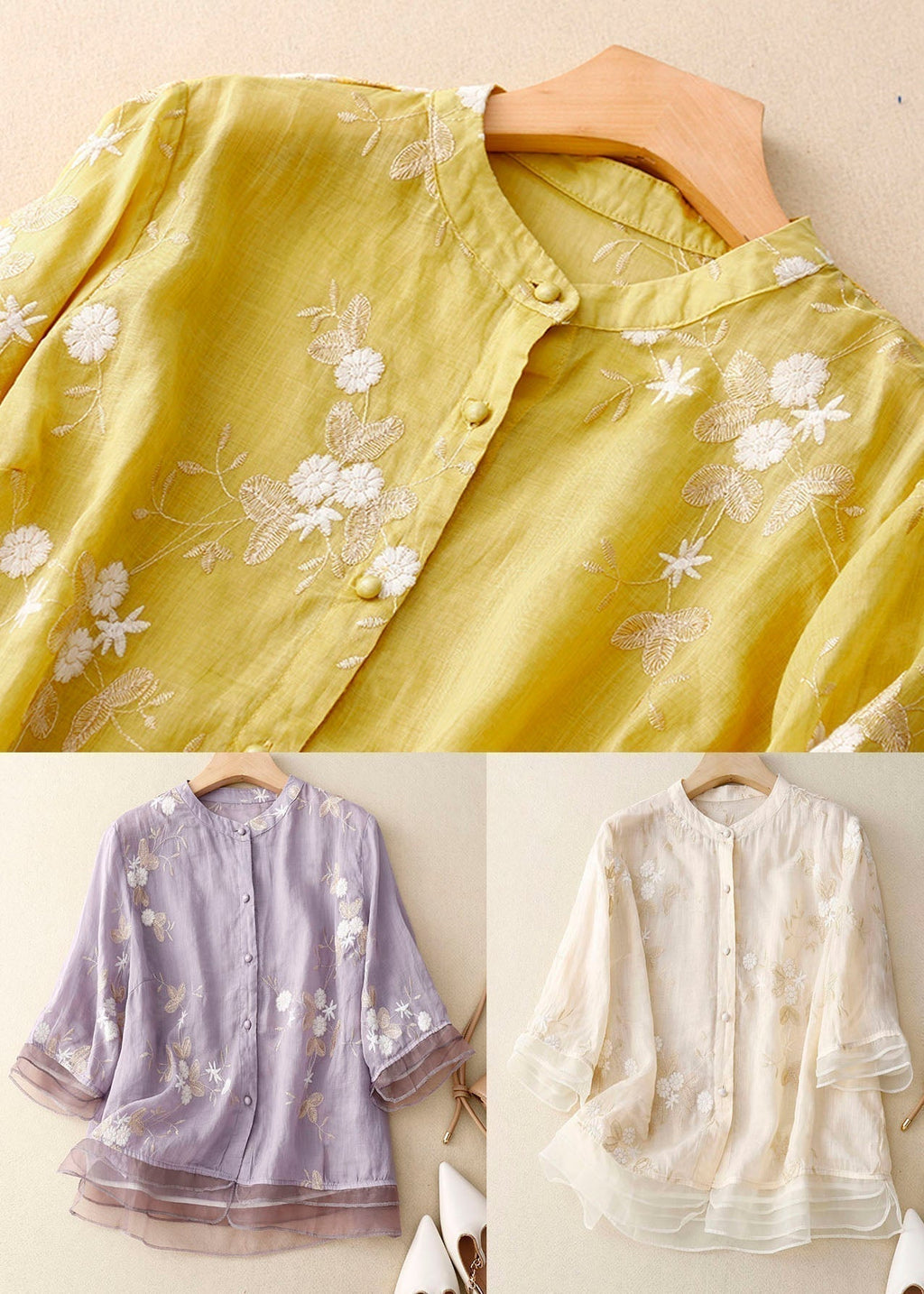 Bestickte Baumwoll Leinen Bluse