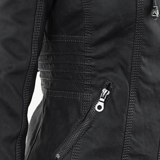 Wasserdichte Damen Lederjacke Mit Abnehmbarem Kapuzen