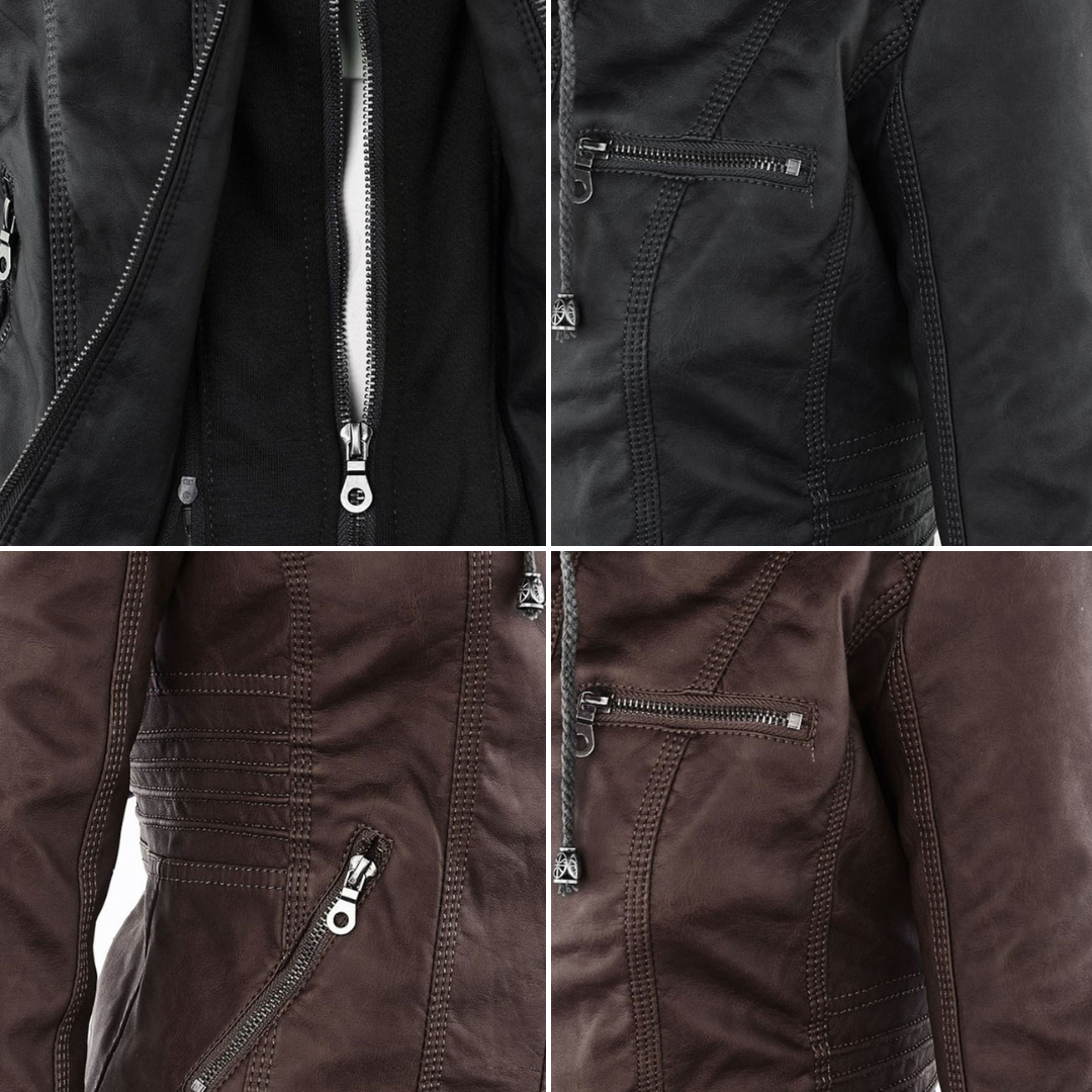 Wetterfester Damen Faux Lederjacke mit Kapuze