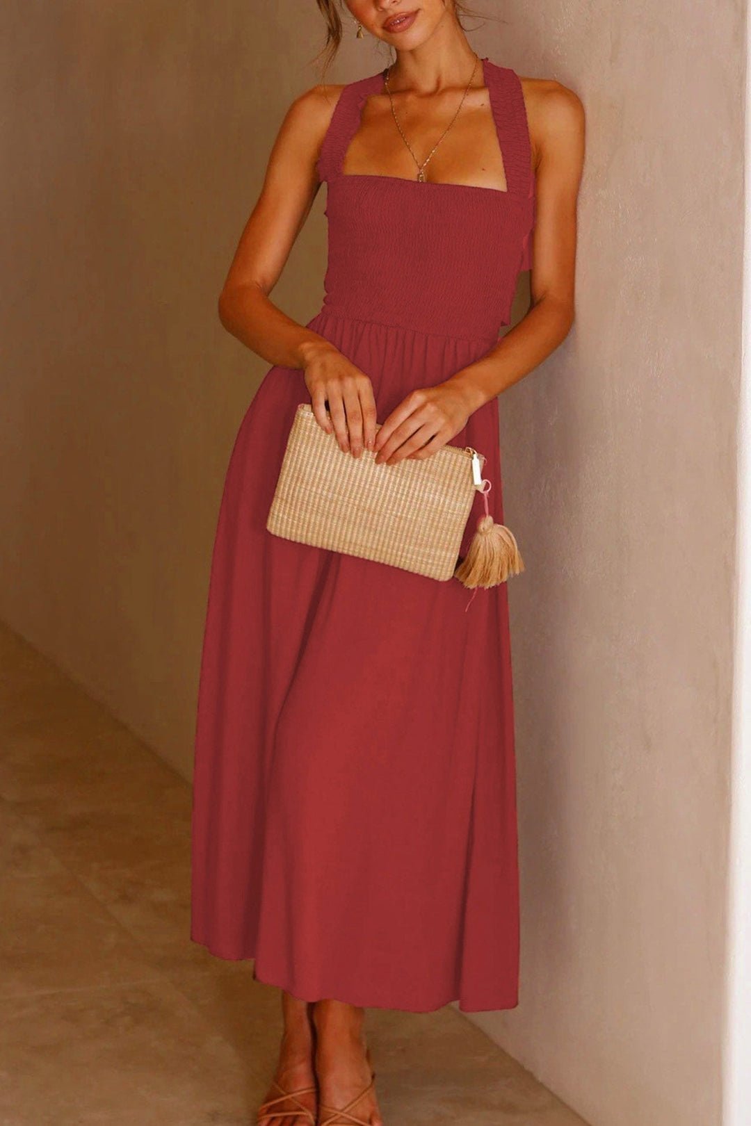 Crisscross Tie-Back Midi Kleid