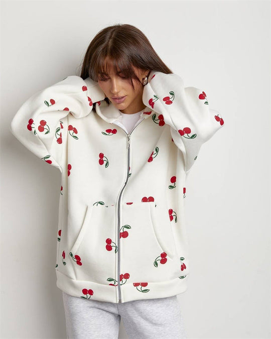 Sweatshirt mit Kapuze und Reißverschluss für Frauen mit Kirschdruck Mely