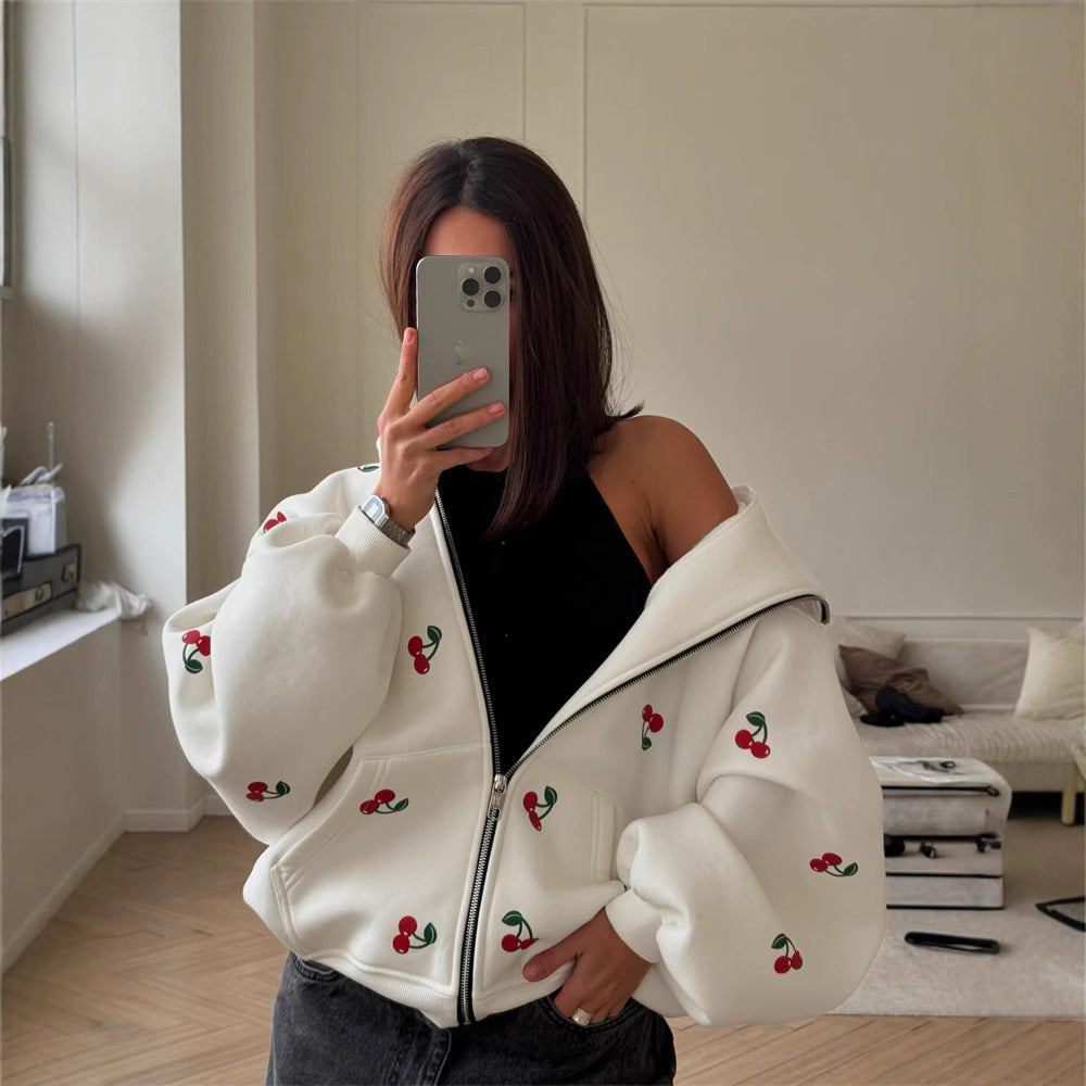 Damen Sweatshirt mit Kapuze und Reißverschluss mit Kirschdruck