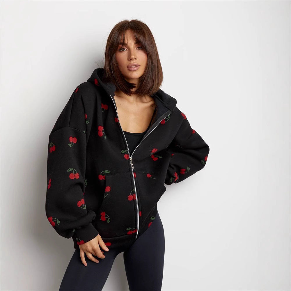 Damen Sweatshirt mit Kapuze und Reißverschluss mit Kirschdruck
