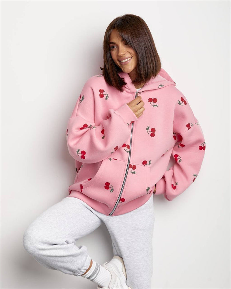 Damen Sweatshirt mit Kapuze und Reißverschluss mit Kirschdruck