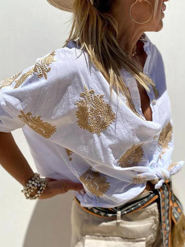 mit Knopfleiste Boho Stil Lockere Passform Langarm Shirt Damen Leinenhemd