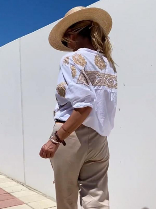 mit Knopfleiste Boho Stil Lockere Passform Langarm Shirt Damen Leinenhemd