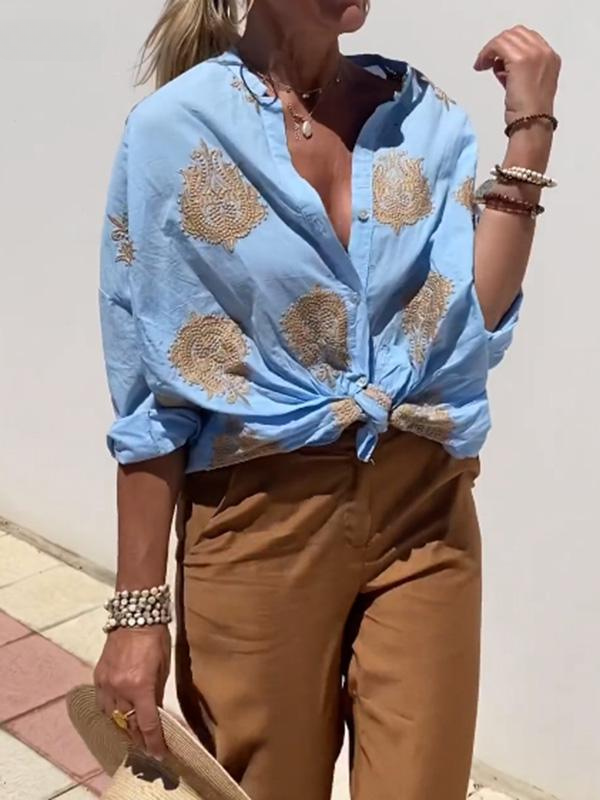 mit Knopfleiste Boho Stil Lockere Passform Langarm Shirt Damen Leinenhemd
