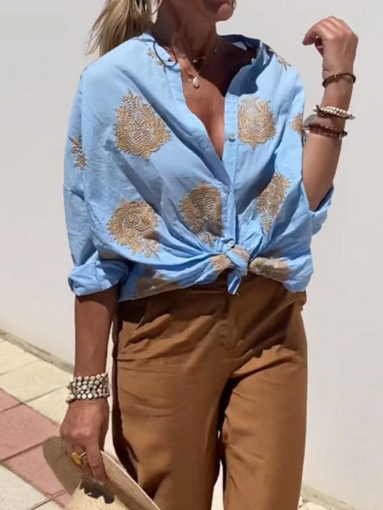 mit Knopfleiste Boho Stil Lockere Passform Langarm Shirt Damen Leinenhemd