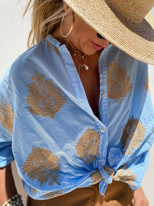 mit Knopfleiste Boho Stil Lockere Passform Langarm Shirt Damen Leinenhemd