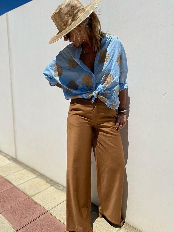 mit Knopfleiste Boho Stil Lockere Passform Langarm Shirt Damen Leinenhemd