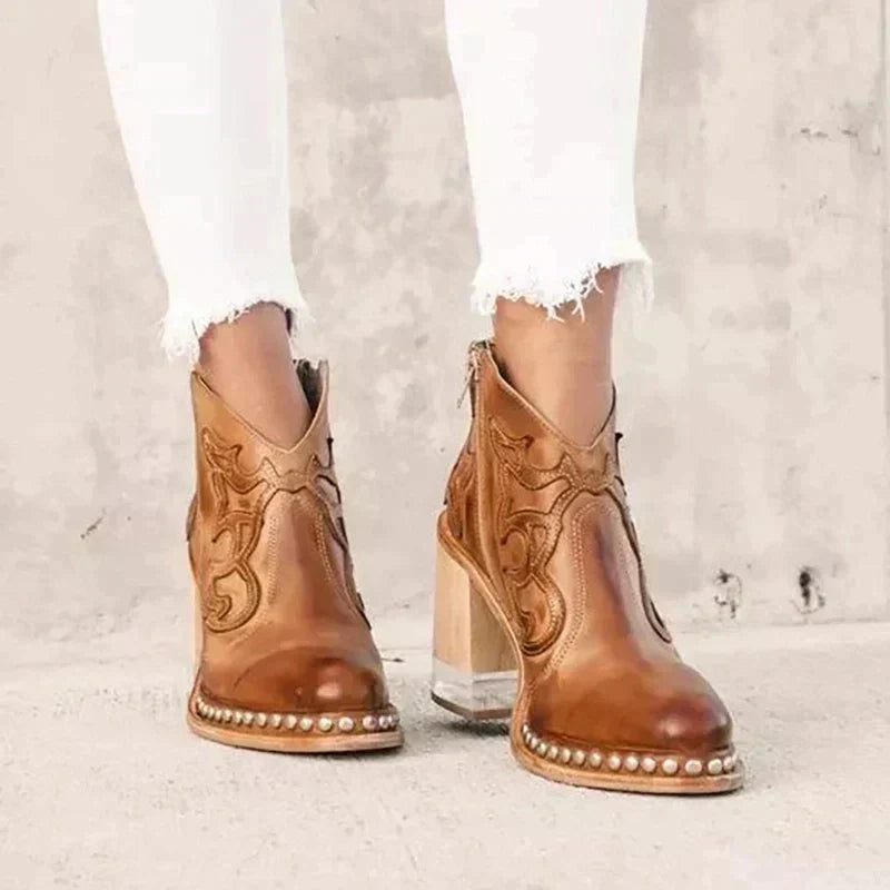 Bestickte Stiefel mit Blockabsatz und seitlichem Reißverschluss