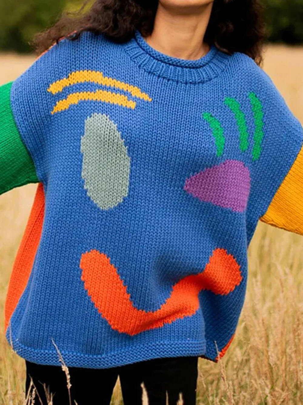 Gestrickt Übergröße Schnitt Lang Abstraktes Intarsienmuster
