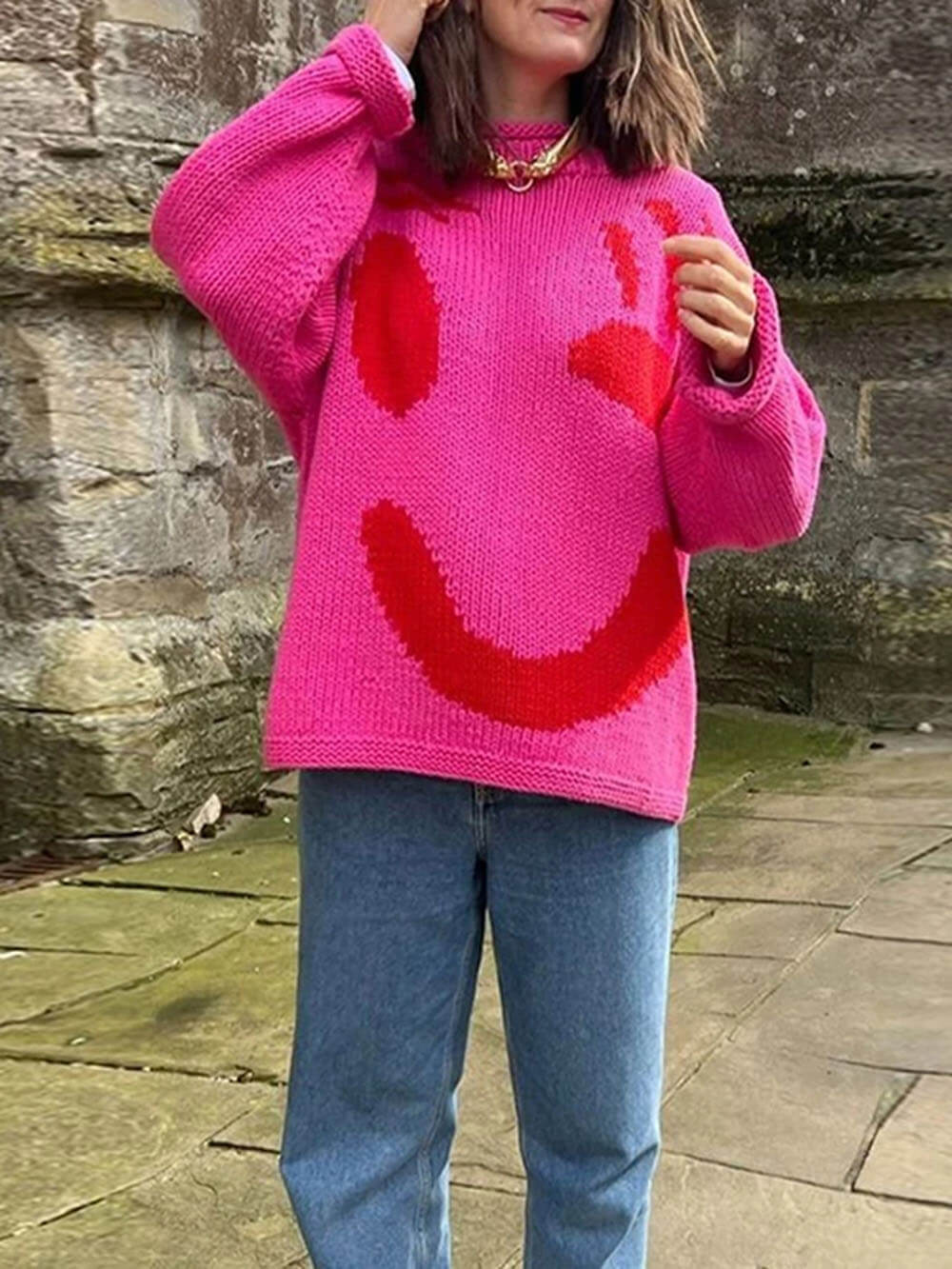 Gestrickt Übergröße Schnitt Lang Abstraktes Intarsienmuster