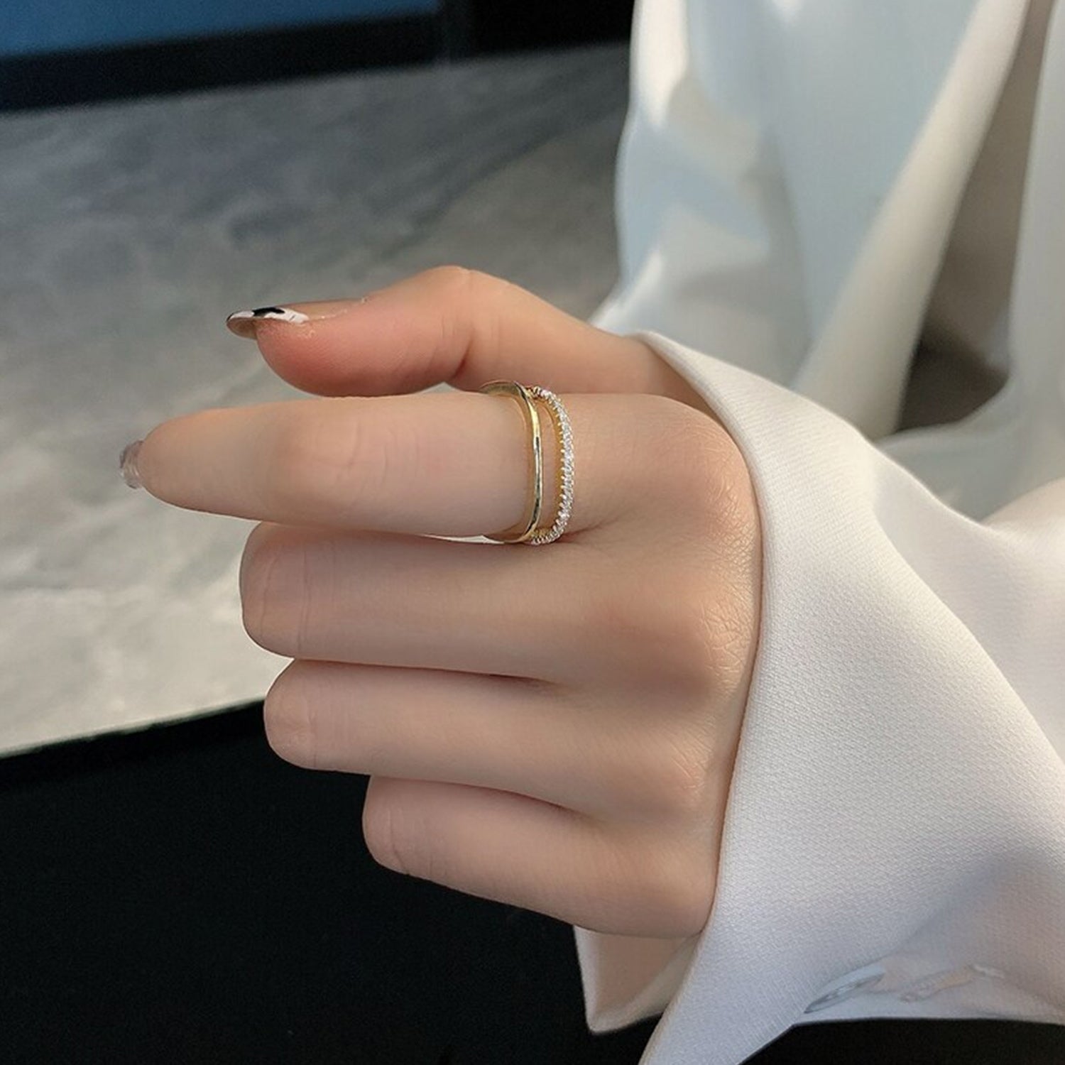 Doppellagige Goldfarbene Zirkon Offene Ringe | Shop Nory