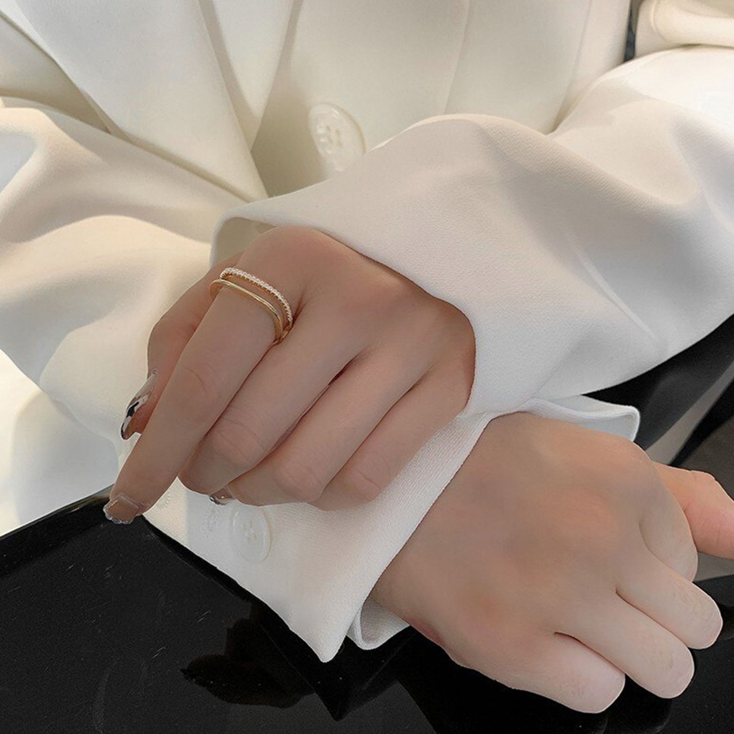 Doppellagige Goldfarbene Zirkon Offene Ringe | Shop Nory