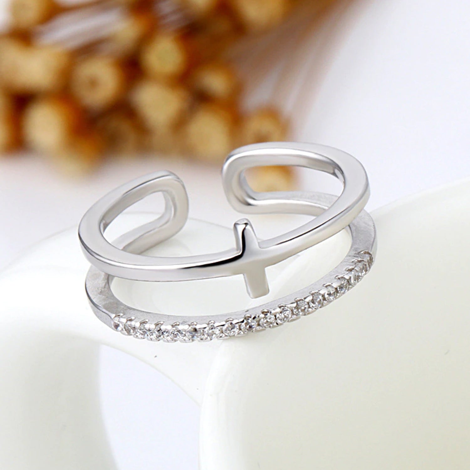 Silber Doppelter Zircon Kreuzring | Shop Nory