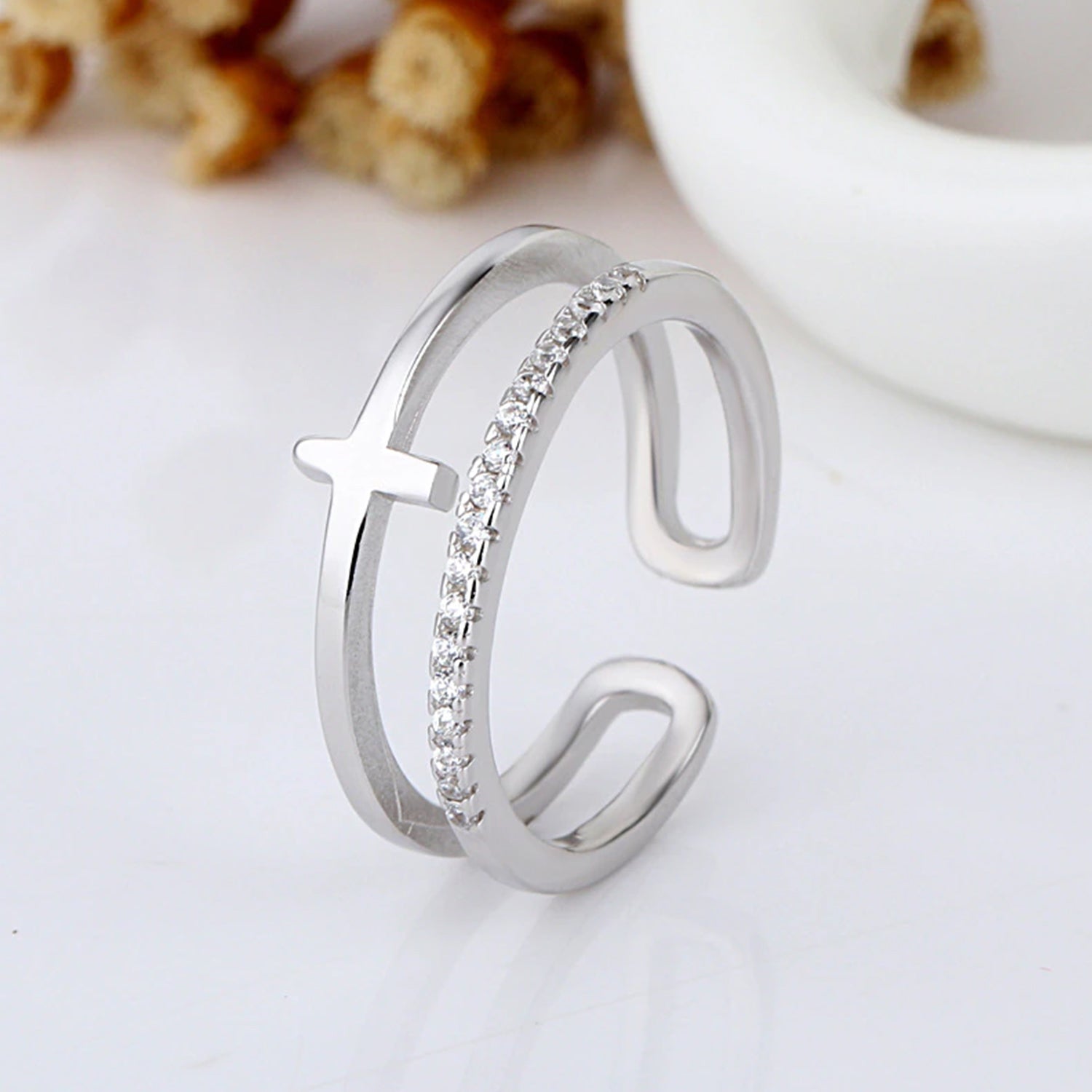 Silber Doppelter Zircon Kreuzring | Shop Nory