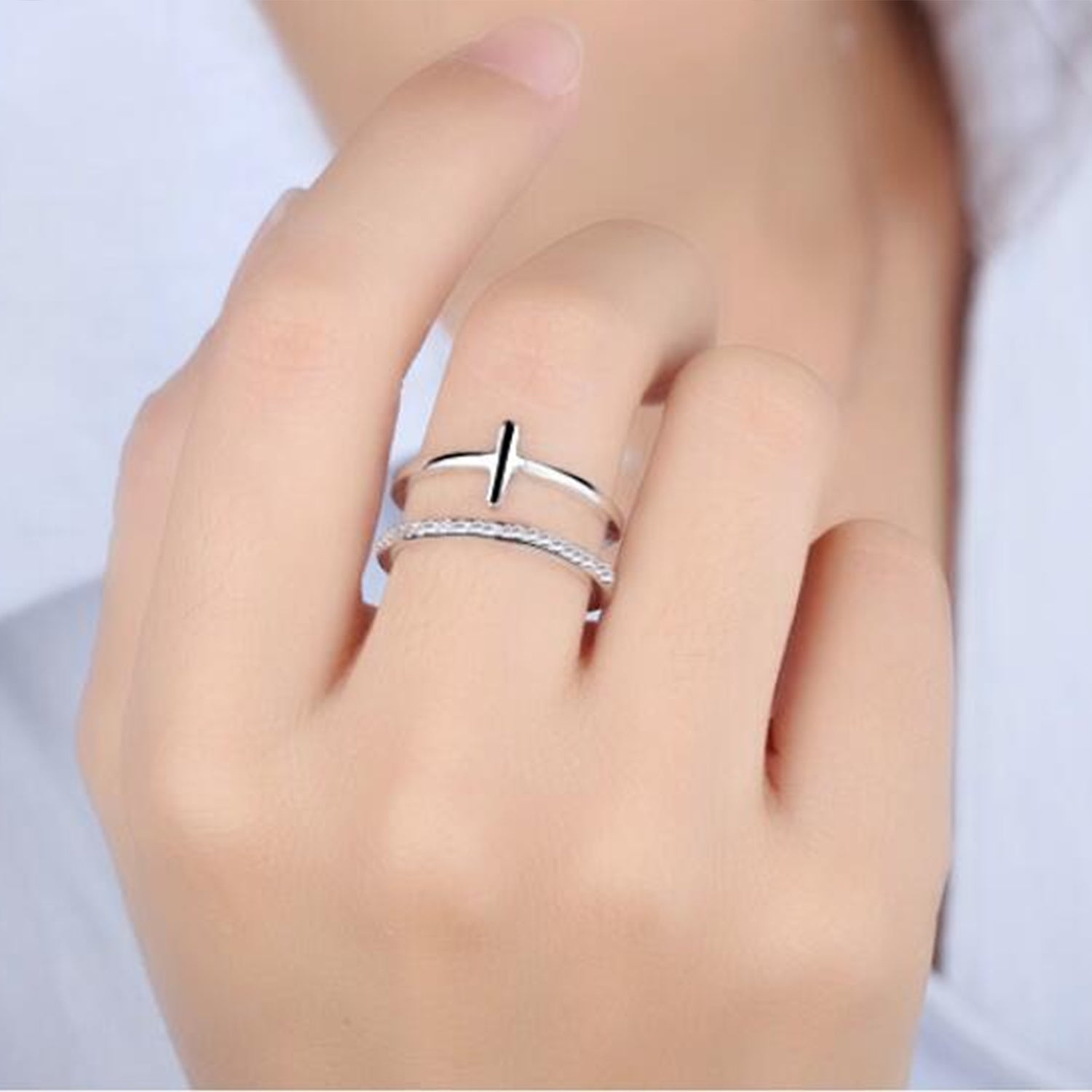 Silber Doppelter Zircon Kreuzring | Shop Nory