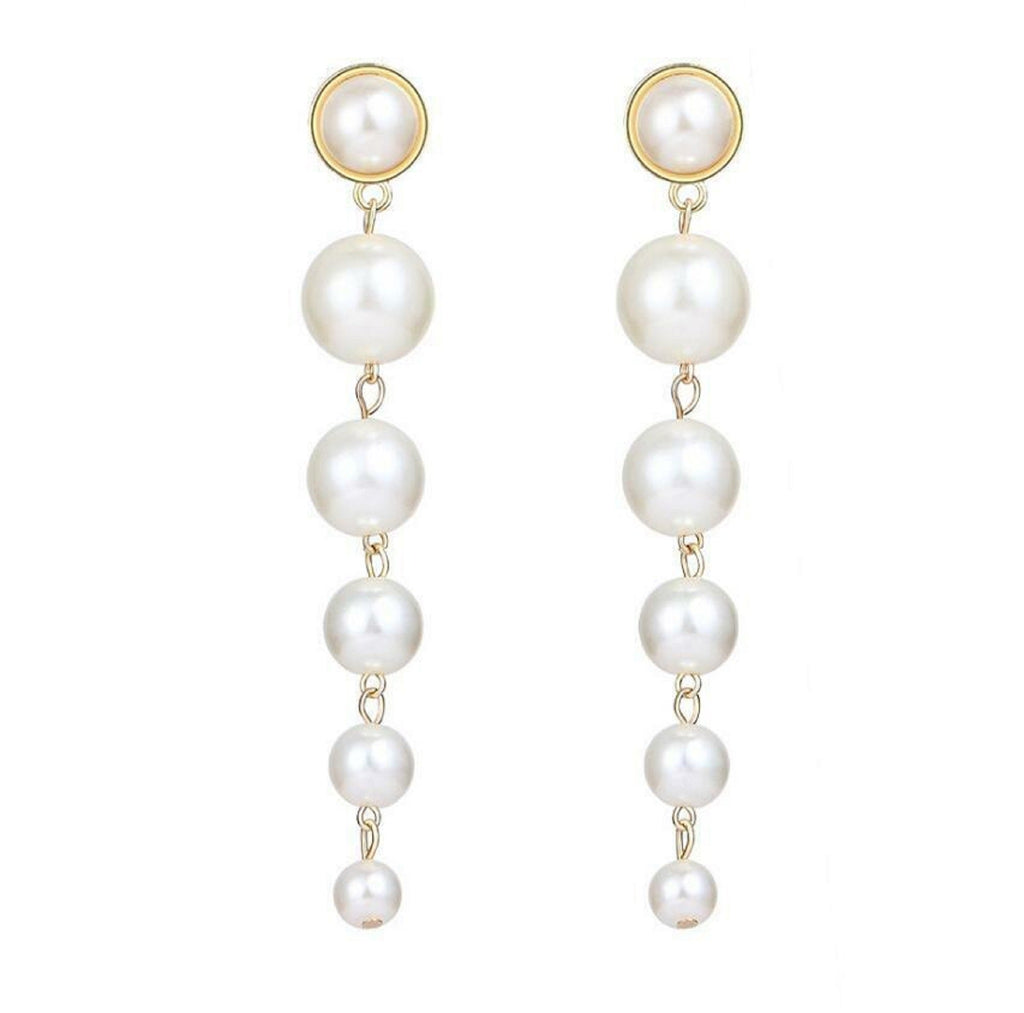 Damen Creme Simulierte Perlen Bestickte Lange Hängende Ohrringe | Shop Nory