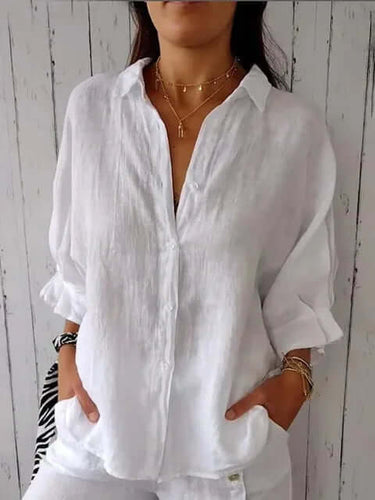 Lässiges Shirt mit Schlaufenverschluss Aus Baumwolle und Leinen für Frauen