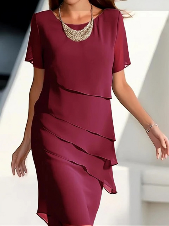 Elegantes Kleid - Kurzärmeliges Midikleid aus geschichtetem Chiffon