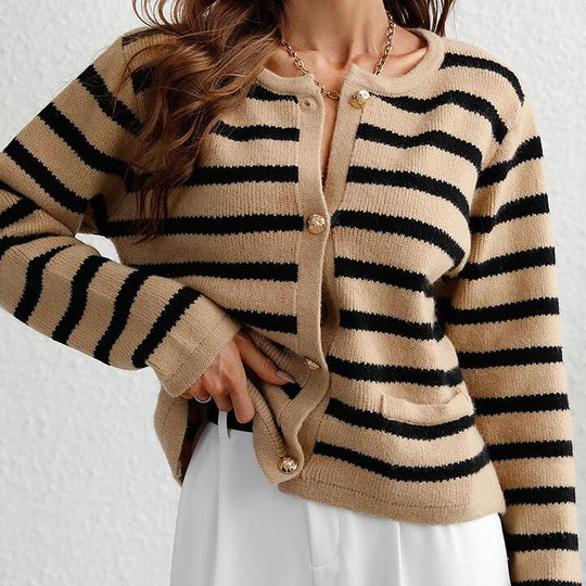 Shopnory | Damen Gestreifter Cardigan mit Knopfverschluss und Weichem Stoff